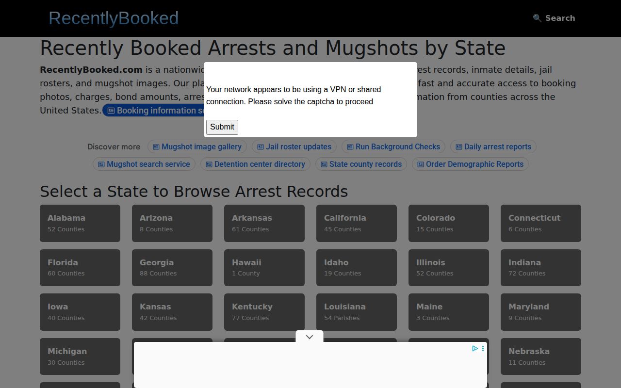 Alabama RecentlyBooked state selector with access controls, a secondary booking-record source