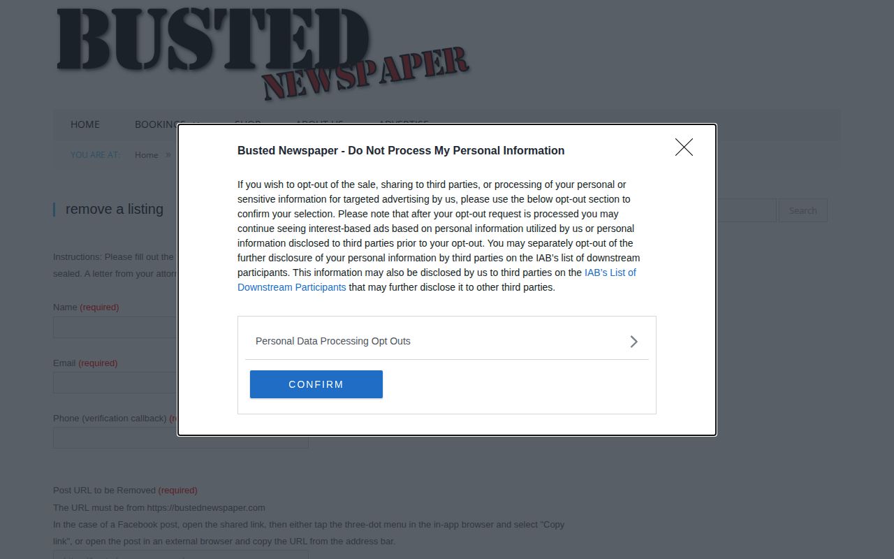 Busted Newspaper free listing correction form for an Alabama booking copy