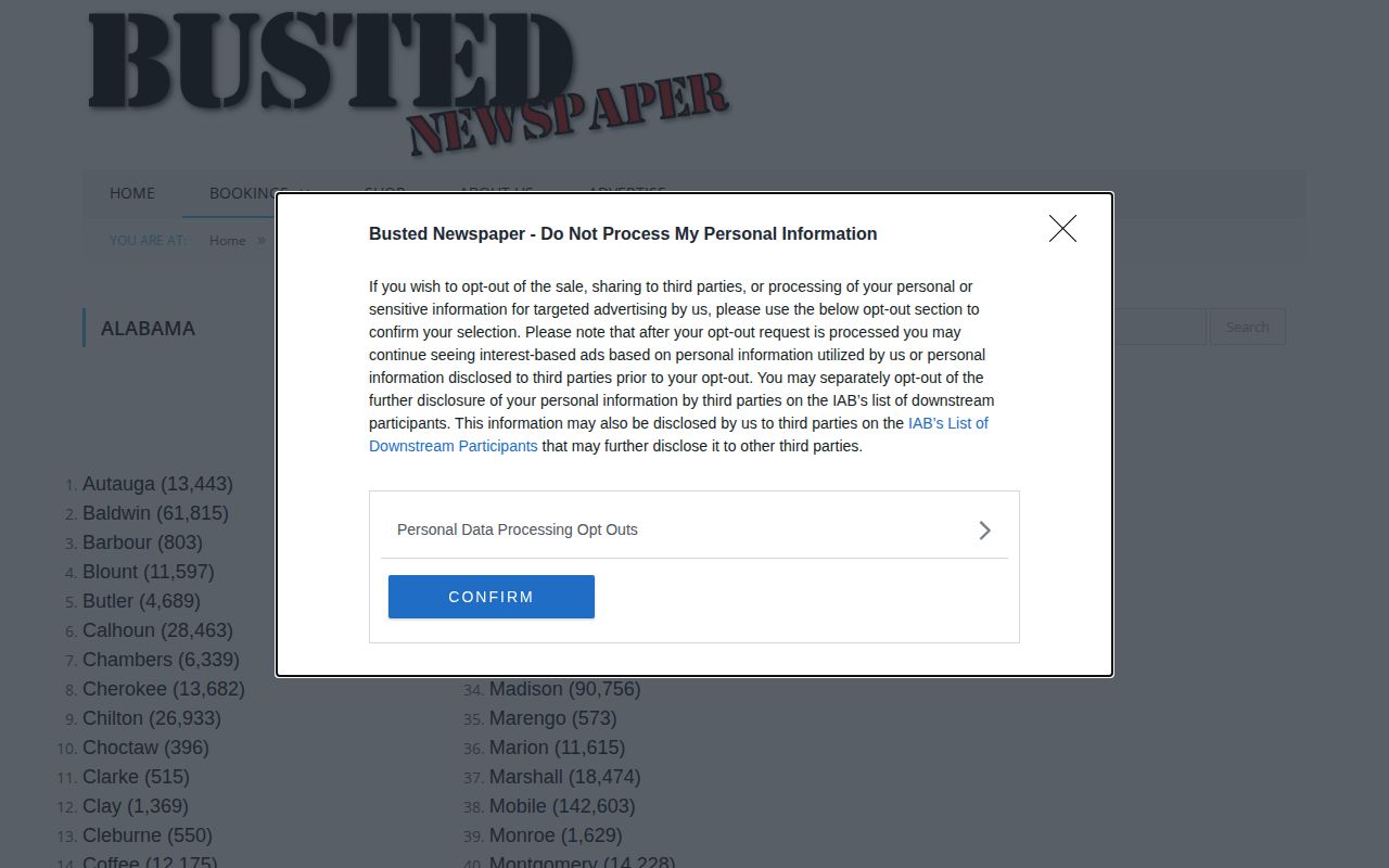 Alabama Busted Newspaper index shown as a secondary arrest-record source