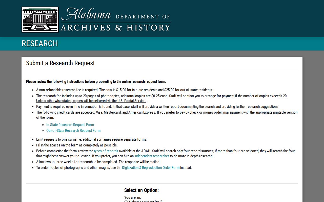 Alabama Archives research request service for historical records, not new bookings