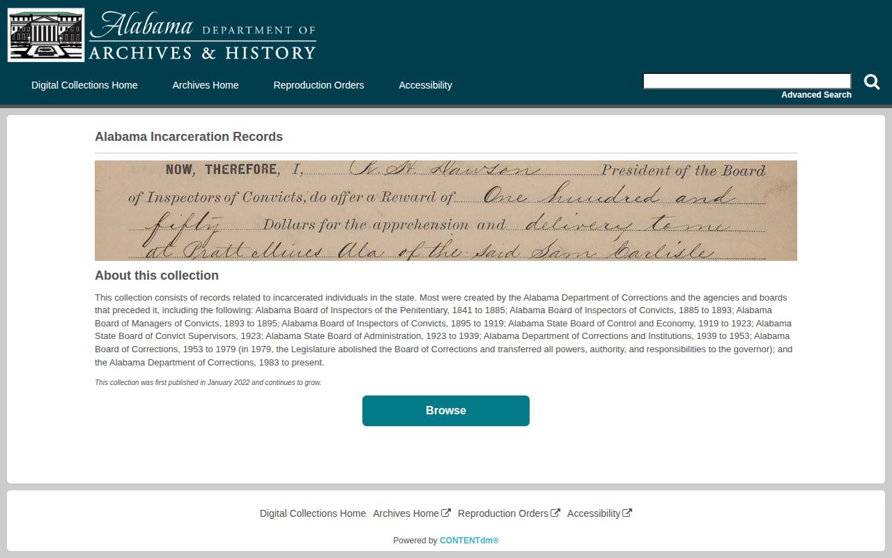 Alabama archival incarceration collection for historical custody records, not current arrests