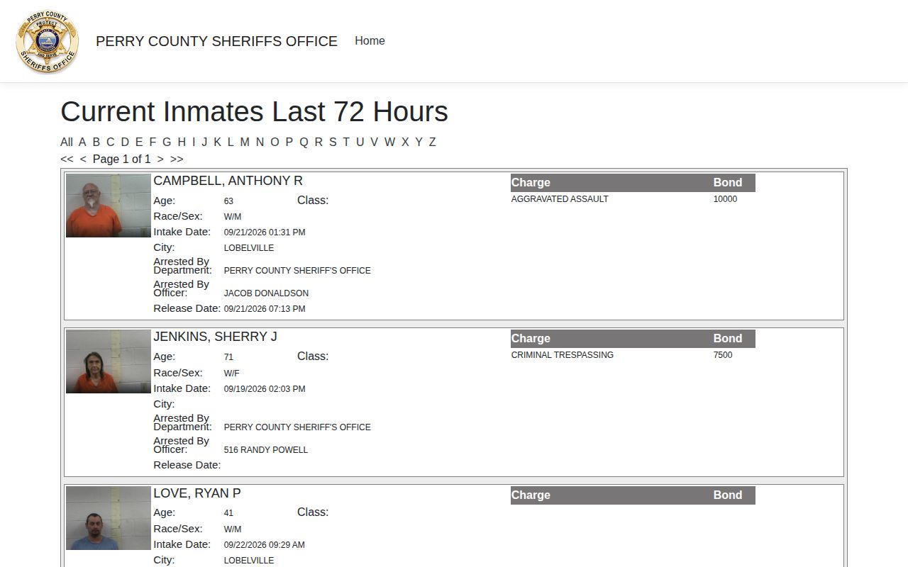 Perry County Sheriff's jail portal set to a 72-hour view, distinct from its same-day arrest search