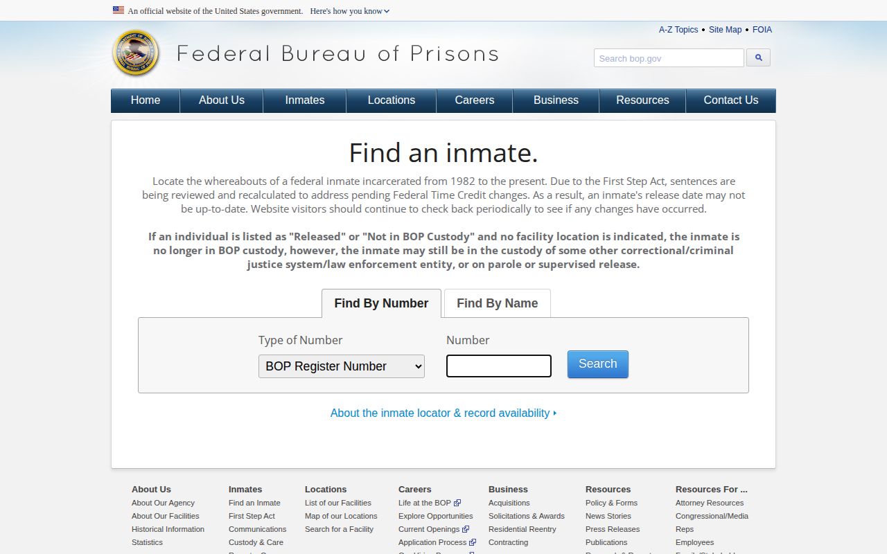 Federal Bureau of Prisons locator used to check federal custody after an Alabama arrest