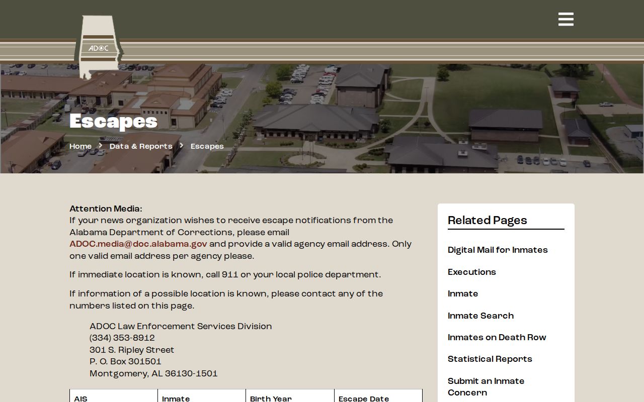 Alabama Department of Corrections escape information page and public safety instructions