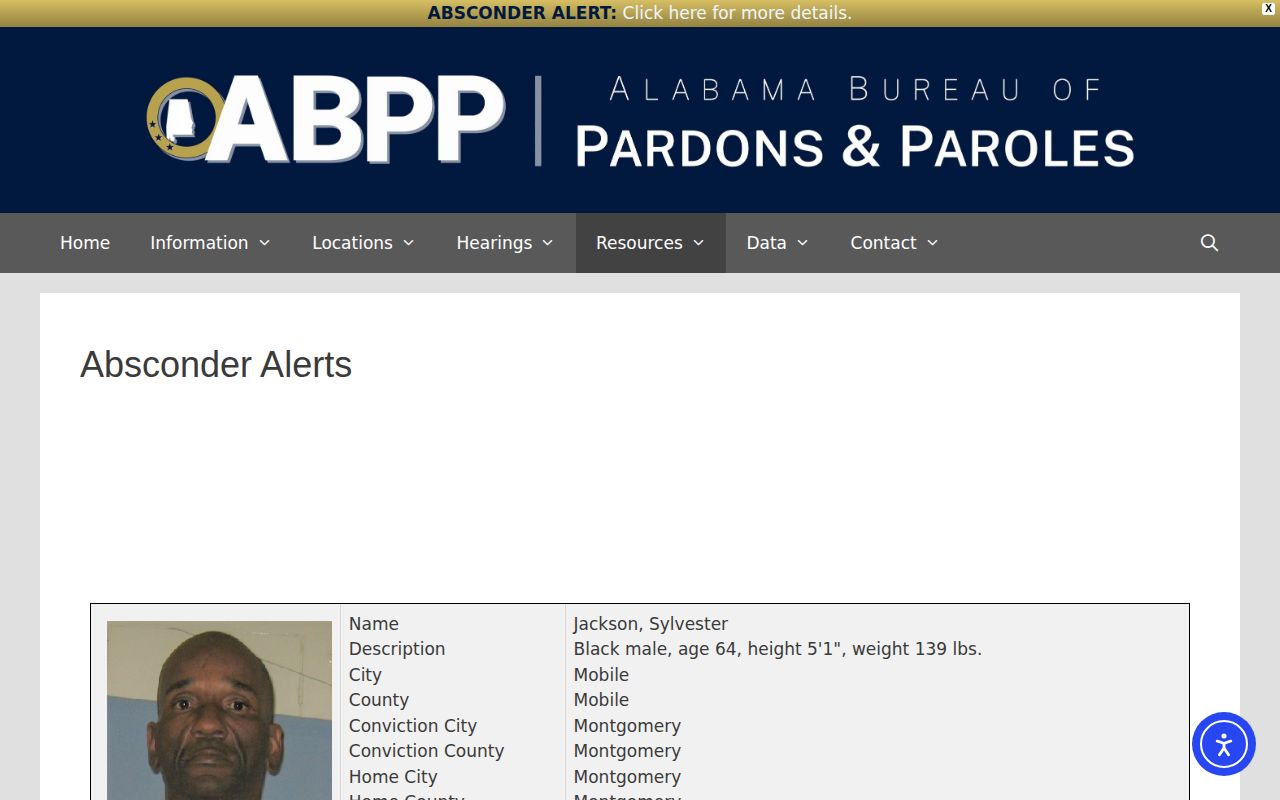 Alabama parole absconder alert interface, a separate supervision notice