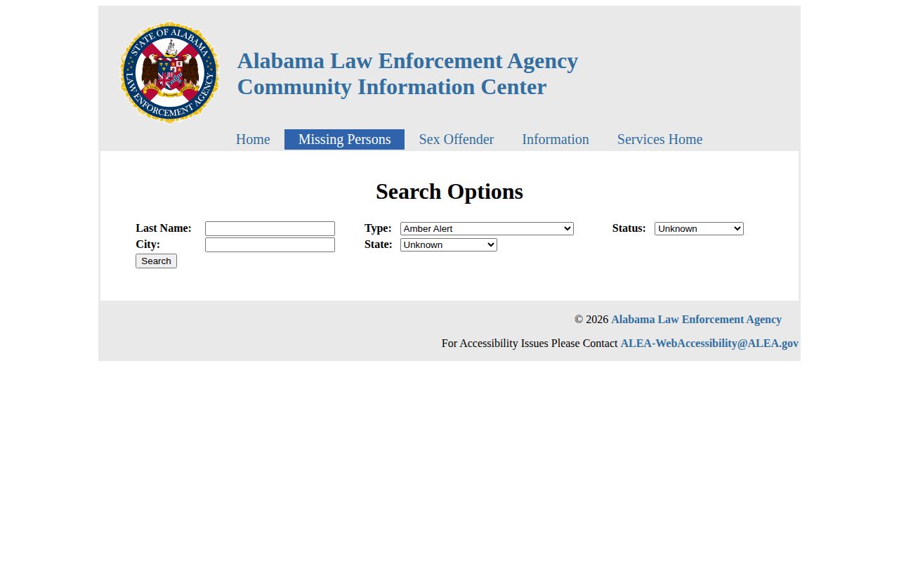 Alabama ALEA fugitive search interface for public warrant and fugitive information