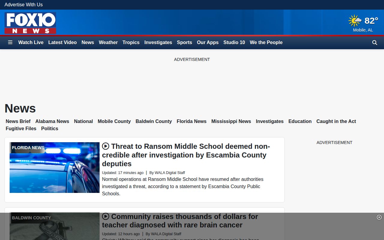 Alabama arrest and public-safety news listings on the FOX10 newsroom page