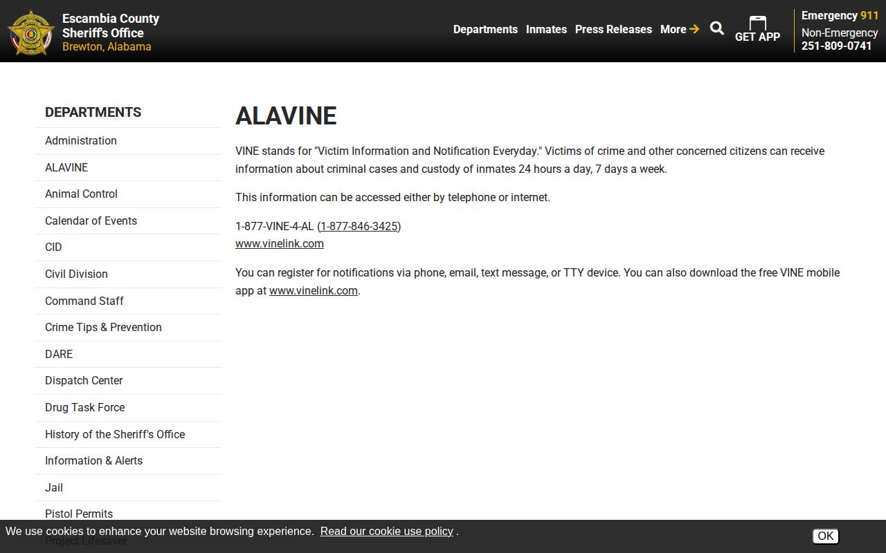 Escambia County ALAVINE page showing one Alabama county's VINE participation and alert routes