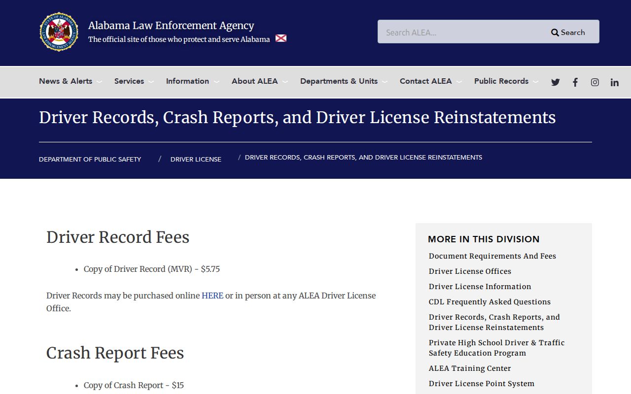 Alabama Law Enforcement Agency driver records page showing the distinct crash report request section