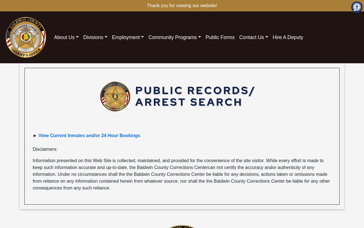 Alabama same-day arrest search link on the Baldwin County Sheriff's official page