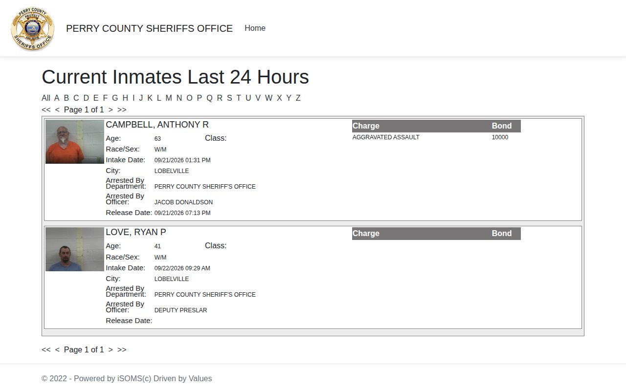 Alabama 24-hour jail search view on the Perry County Sheriff's official portal