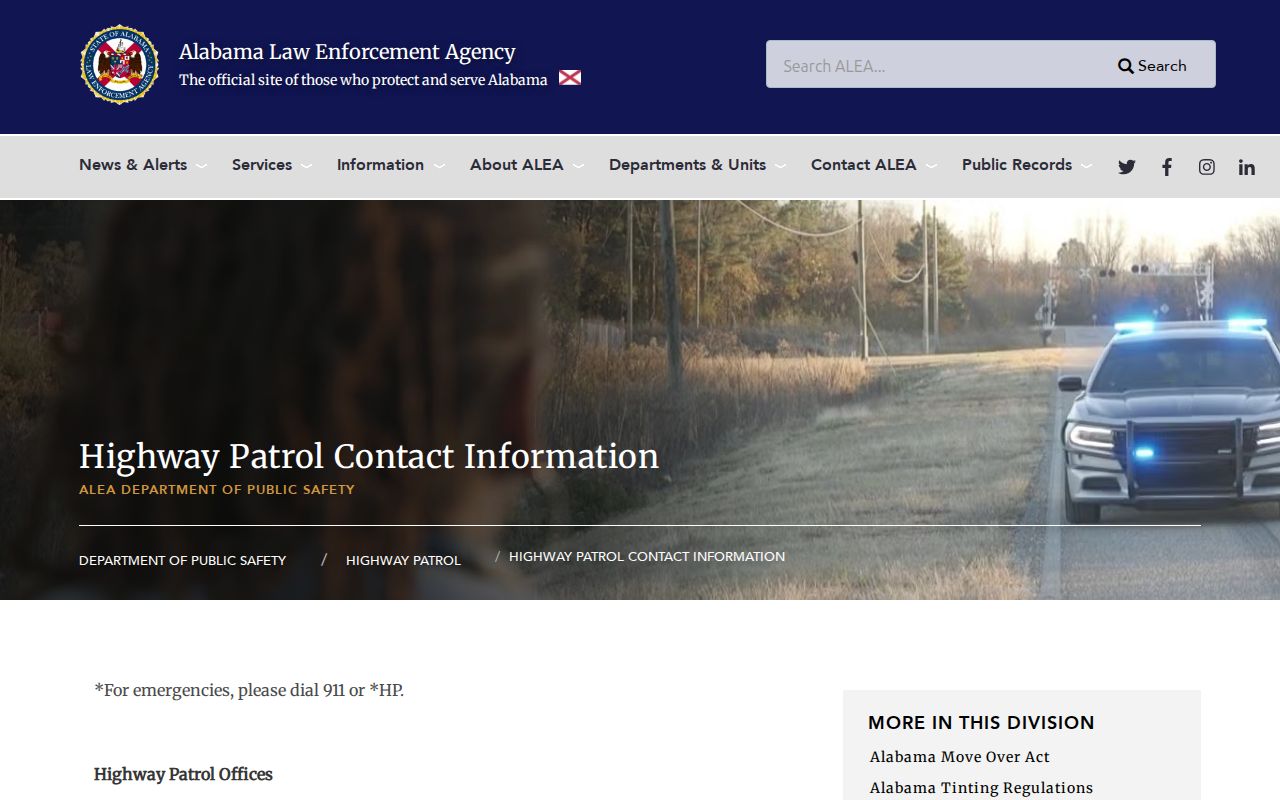 Alabama Highway Patrol official contact page with division contact details and post links