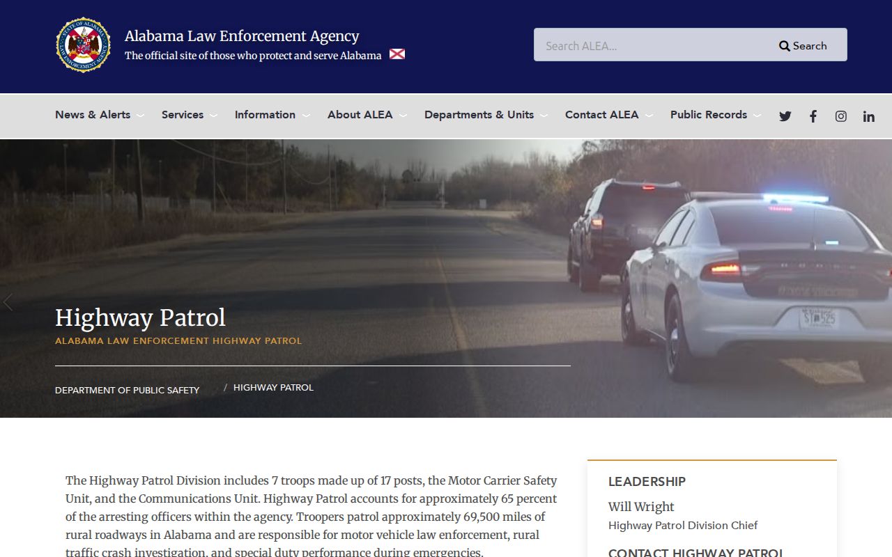 Alabama Law Enforcement Agency Highway Patrol division page identifying its patrol role