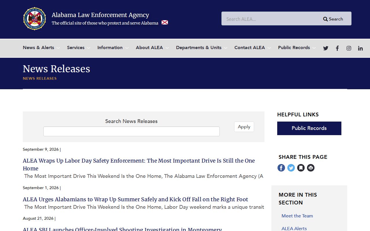 Alabama Law Enforcement Agency newsroom showing its published news and enforcement-release cards