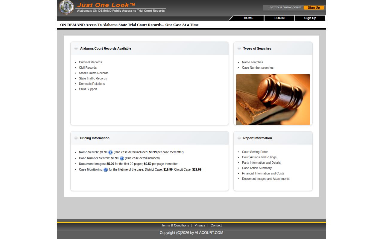 Alabama court portal interface for checking a case after an arrest