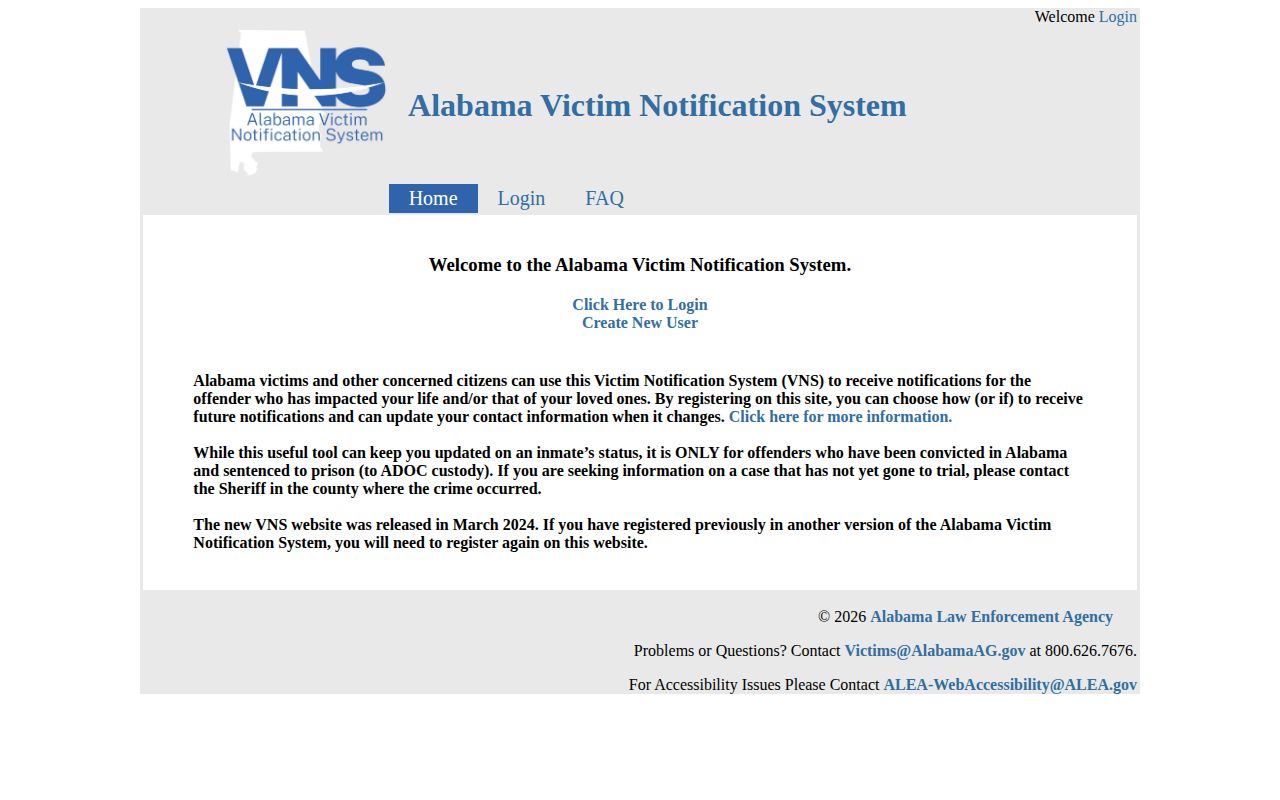 Alabama Victim Notification System page for state custody and arrest-related notice information