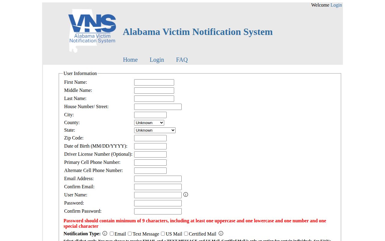 Alabama VNS registration form for state custody notifications and contact choices