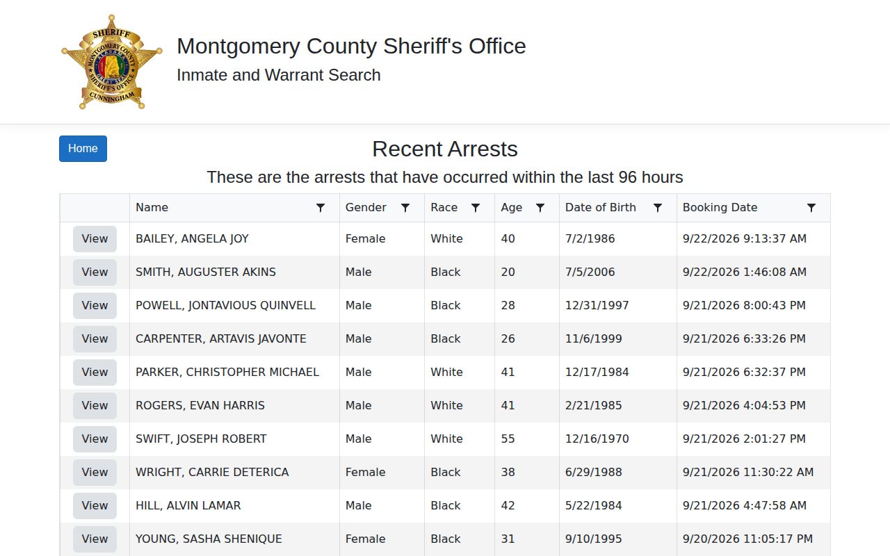 Alabama recent-arrests page showing Montgomery County's 96-hour window label